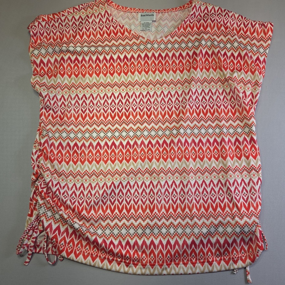 BonWorth Women's MP Top Medium Petite Red Geometric Drawstring Side Stretch